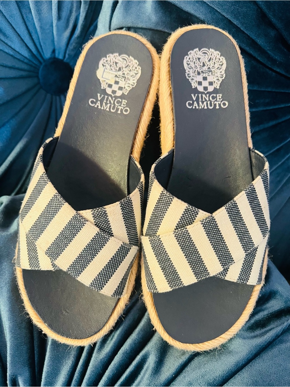 Vince Camuto Navy and Cream Striped Espadrille Slide Sandals.  NWOT